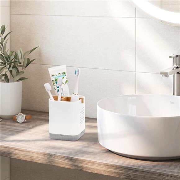 Toothbrush and Toothpaste Holder Bamboo Divide Bathroom Countertop Organizer - Picture 2 of 7
